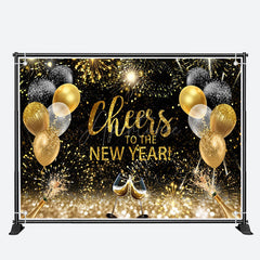 Aperturee - Cheers Sparkle Gold Black Balloon New Year Backdrop