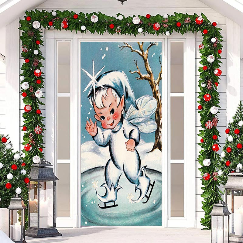 Aperturee - Christmas Elf Skating Snow Door Cover Decoration