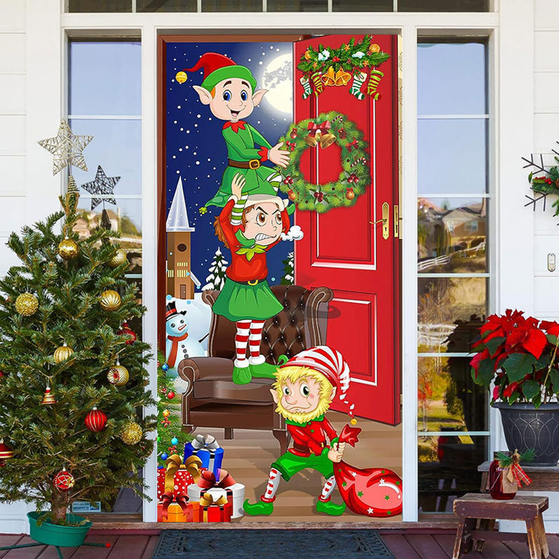 Aperturee - Christmas Elfs Night Moon Gifts Snowman Door Cover