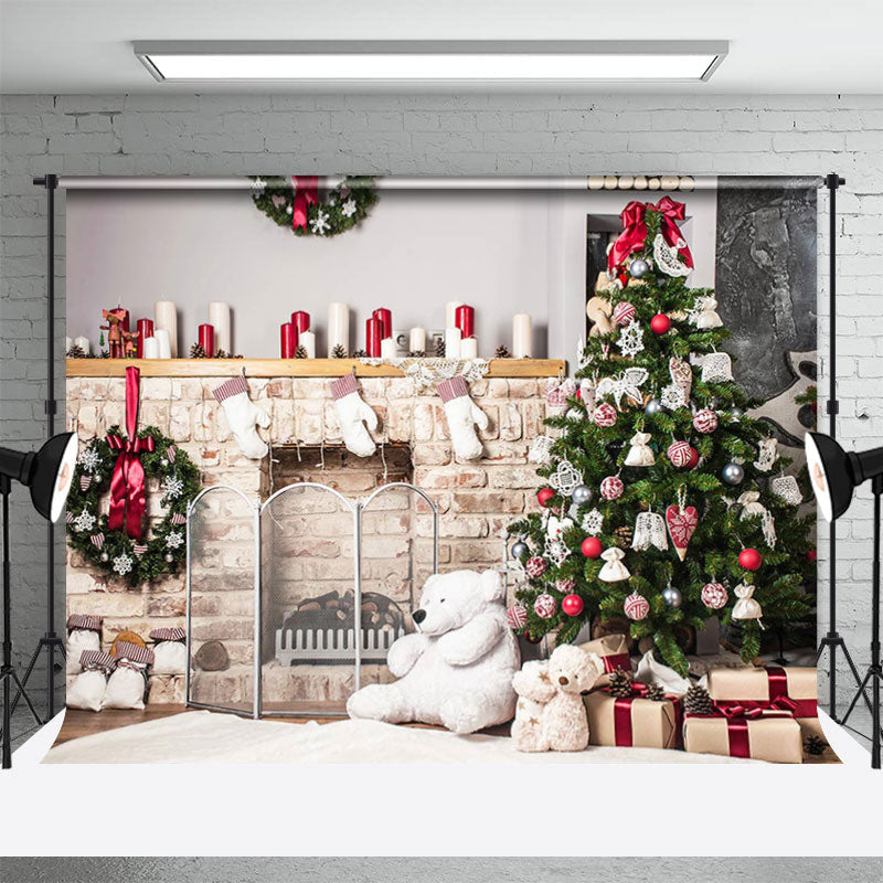 Aperturee - Christmas Tree Brick Fireplace Bear Wreath Backdrop