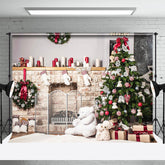 Aperturee - Christmas Tree Brick Fireplace Bear Wreath Backdrop
