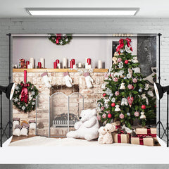 Aperturee - Christmas Tree Brick Fireplace Bear Wreath Backdrop