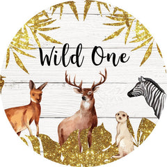Aperturee - Circle Animals And Gold Glitter Round Birthday Backdrop
