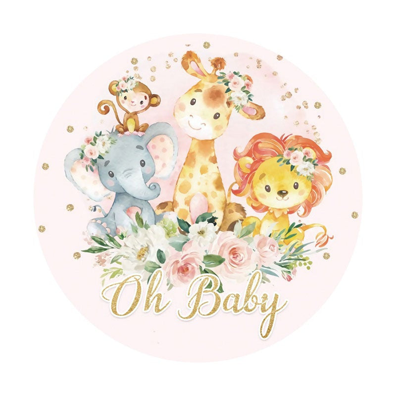 Aperturee - Circle Animals Pink Baby Shower Backdrop For Girl