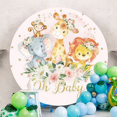 Aperturee - Circle Animals Pink Baby Shower Backdrop For Girl