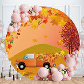 Aperturee - Circle Autumn Leaves And Truck Round Birthday Backdrop
