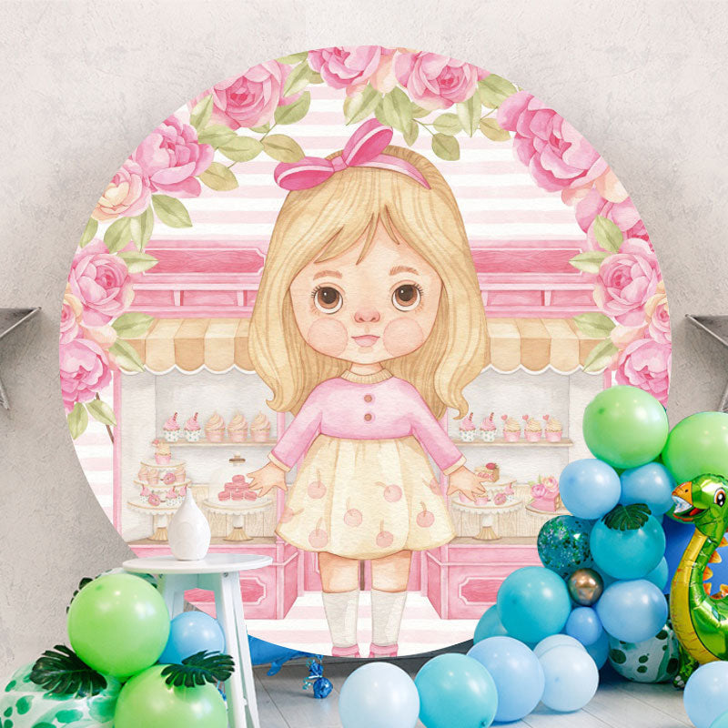 Aperturee - Circle Girl And Cake Store Pink Birthday Backdrop