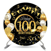 Aperturee Circle Gold Glitter Black 100th Birthday Backdrop