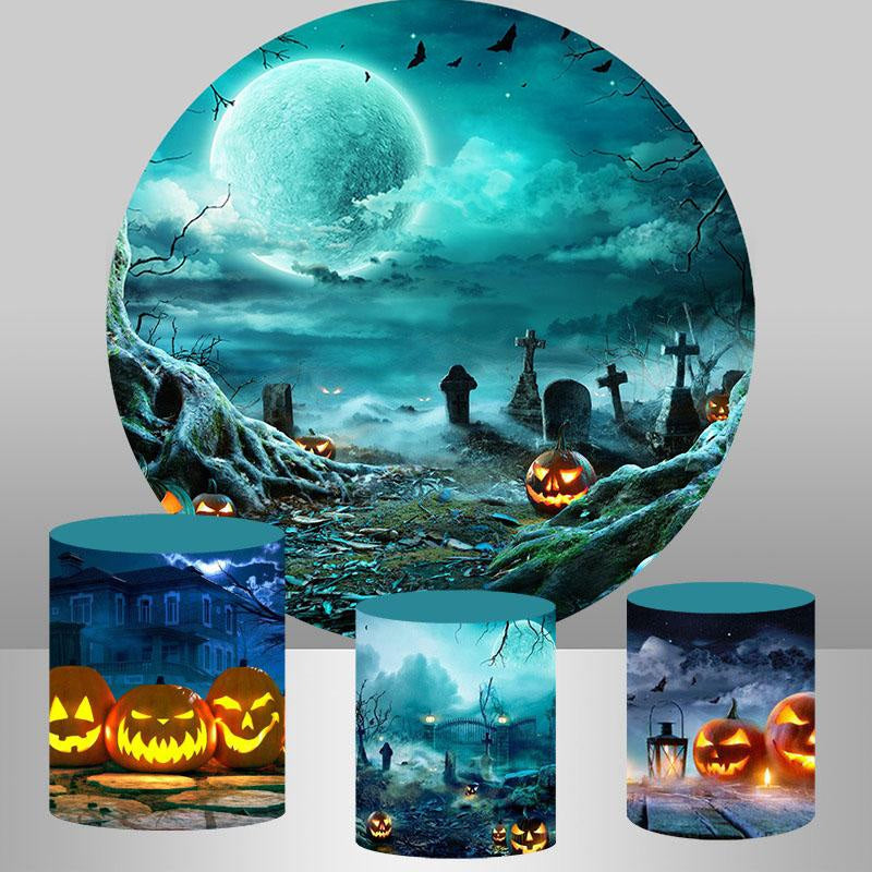 Aperturee Circle Moon Pumpkin Lantern Happy Halloween Backdrop