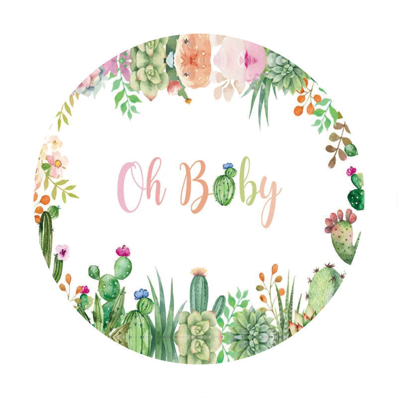 Aperturee - Circle Oh Baby Cactus Leaves Baby Shower Backdrop