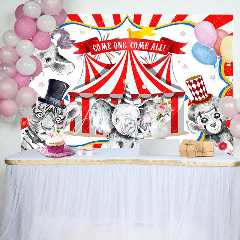 Aperturee - Circus Animal Show Red White Stripe Birthday Backdrop
