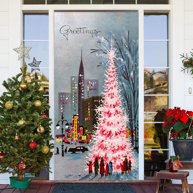 Aperturee - City Night View Tree Paint Door Cover For Christmas
