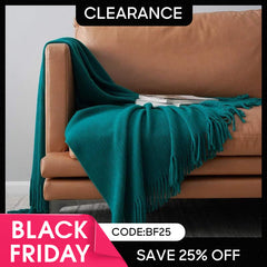 Aperturee - (Ship In 24HR) 50x67inch Emerald Throw Blanket with Tassels for Bed