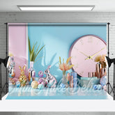 Aperturee - Clock Blue Wall Cute Rabbit Trinkets Easter Backdrop