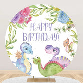 Aperturee - Colorful Dinosaurs Floral Round Birthday Backdrop