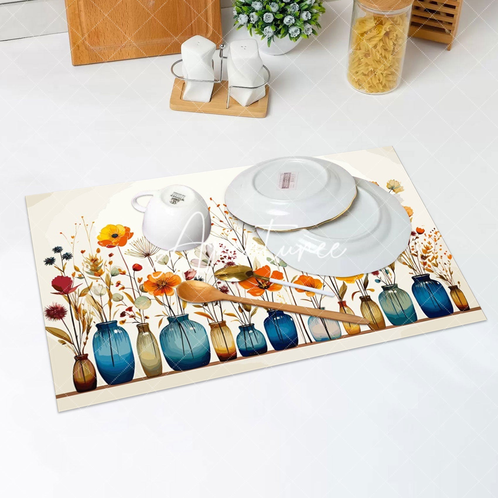 Aperturee - Colorful Floral Blue Vase Dining Set Of 4 Placemats