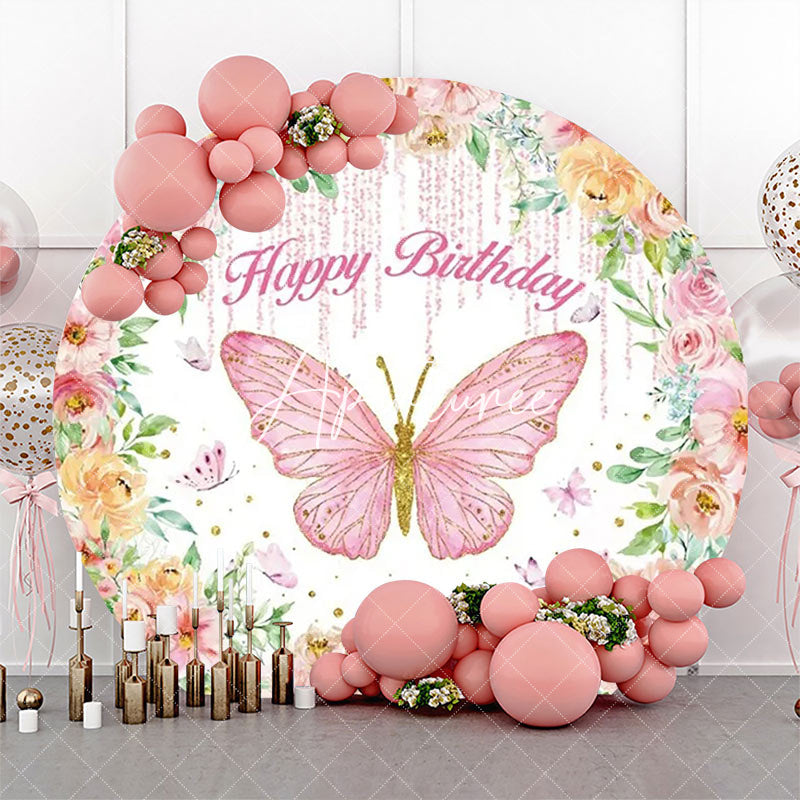 Aperturee - Colorful Floral Butterfly Round Birthday Backdrop