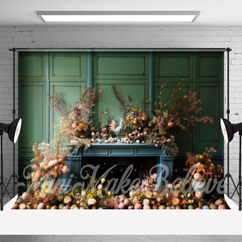 Aperturee - Colorful Floral Eggs Green Wall Easter Backdrop