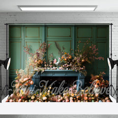 Aperturee - Colorful Floral Eggs Green Wall Easter Backdrop