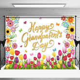 Aperturee - Colorful Floral Gold Happy Grandparents Day Backdrop