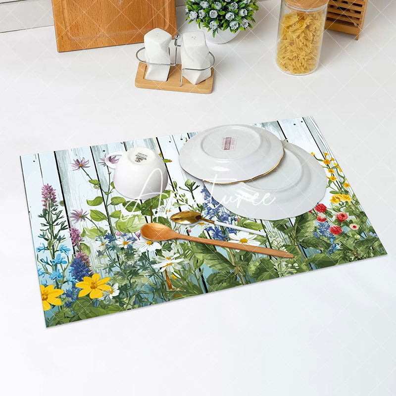 Aperturee - Colorful Floral Leaves Grey Wood Set Of 4 Placemats