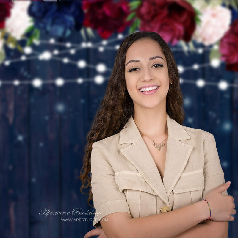 Aperturee - Colorful Roses Dark Blue Wooden Backdrop For Photo