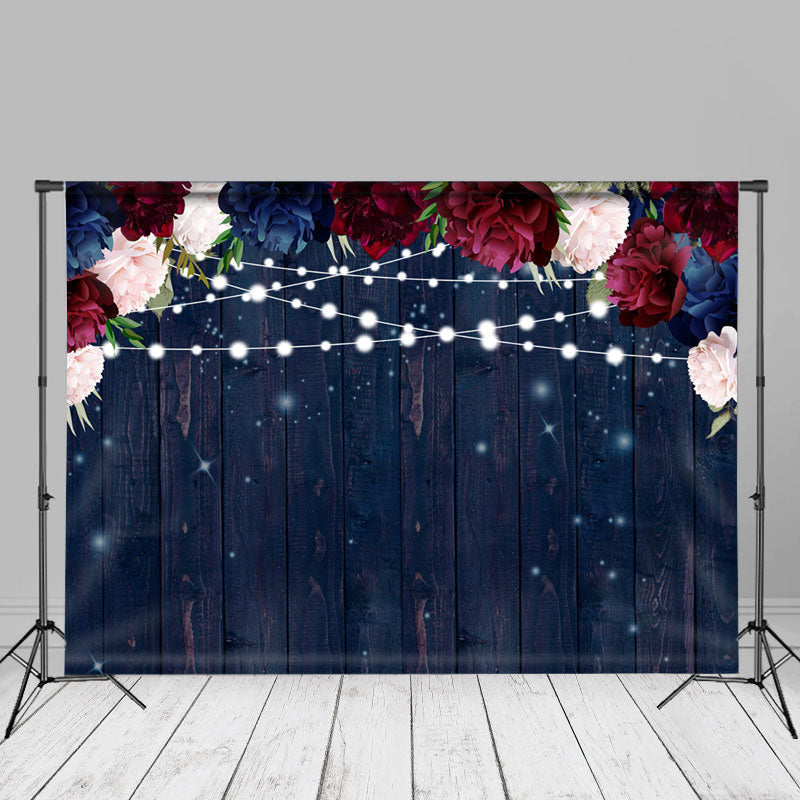 Aperturee - Colorful Roses Dark Blue Wooden Backdrop For Photo