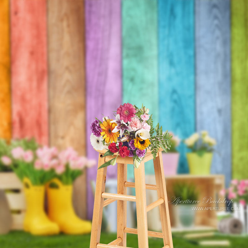 Aperturee - Colorful Wood Floral Garden Shoval Photography Backdrop