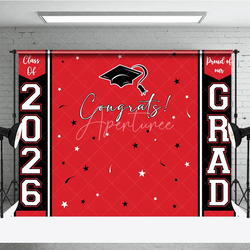 Aperturee - Congrats 2026 Grad Black Red Graduation Backdrop