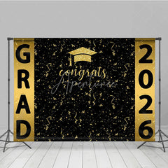 Aperturee - Congrats Golden Ribbons Black Graduation Backdrop