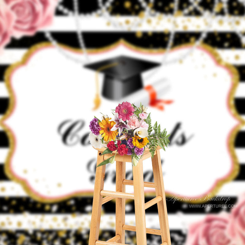 Aperturee - Congrats Grad Pearl Stripe Floral Photoshoot Backdrop