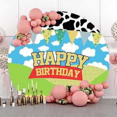 Aperturee - Cow Cloud Print Farm Story Round Birthday Backdrop