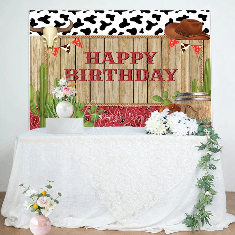 Aperturee - Cowboy Wood Cactus Brown Cap Boots Birthday Backdrop