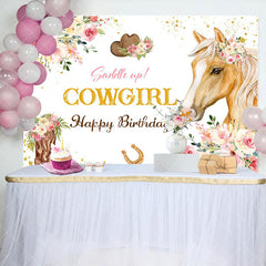 Aperturee - Cowgirl Pink Floral Horse Happy Birthday Backdrop