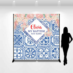 Aperturee - Custom Blue Floral Baptism Party Backdrop for Girl
