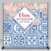 Aperturee - Custom Blue Floral Baptism Party Backdrop for Girl