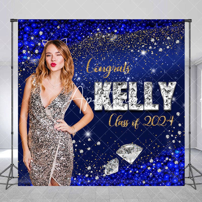 Aperturee - Custom Glitter Blue Congrats Graduation Backdrop with Photo