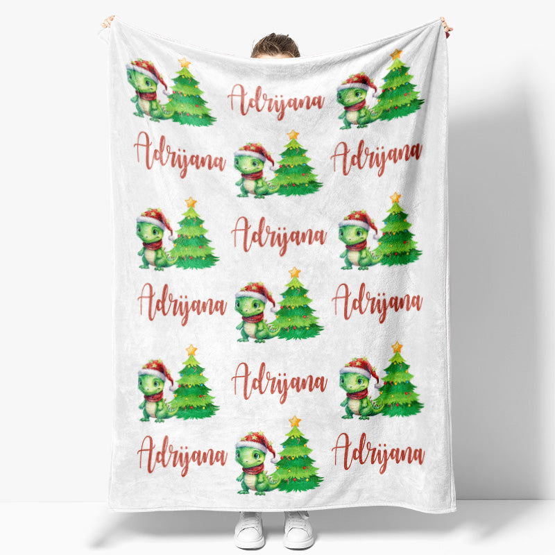 Aperturee - Custom Name Dinosaur Pine Tree Christmas Blanket