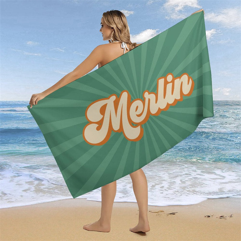 Aperturee - Custom Name Green Stripe Summer Beach Towel for Gifts