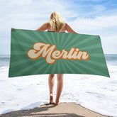 Aperturee - Custom Name Green Stripe Summer Beach Towel for Gifts