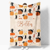Aperturee - Custom Name Orange Pumpkins Cats Halloween Blanket
