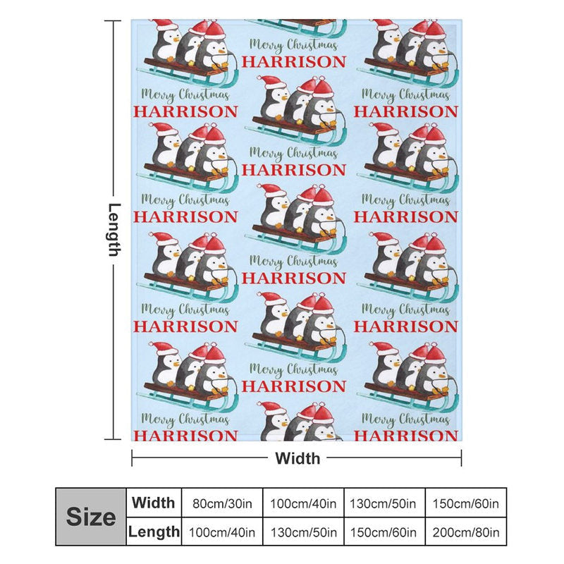 Aperturee - Custom Name Penguin Sleigh Repeat Christmas Blanket