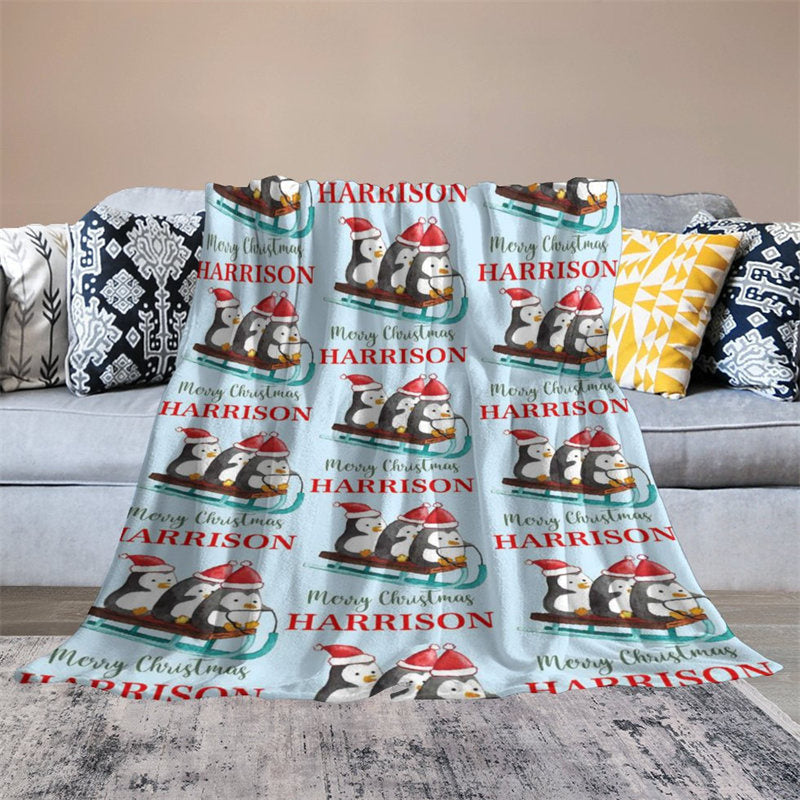 Aperturee - Custom Name Penguin Sleigh Repeat Christmas Blanket