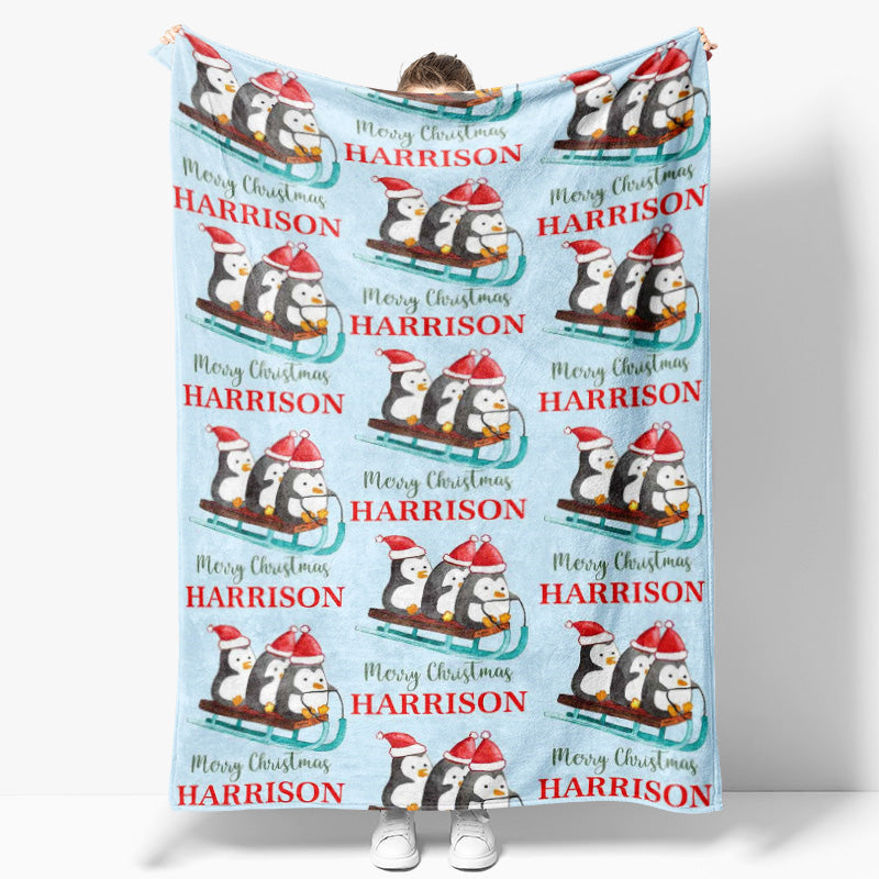 Aperturee - Custom Name Penguin Sleigh Repeat Christmas Blanket