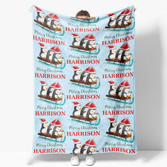 Aperturee - Custom Name Penguin Sleigh Repeat Christmas Blanket
