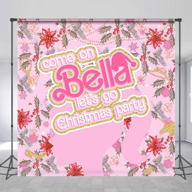 Aperturee - Custom Name Pink Girl Floral Christmas Backdrop