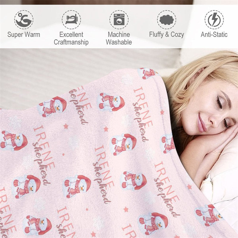 Aperturee - Custom Name Pink Snowman Repeat Christmas Blanket