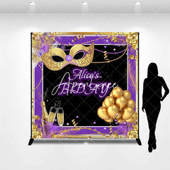 Aperturee - Custom Name Purple Gold Masquerade Birthday Backdrop