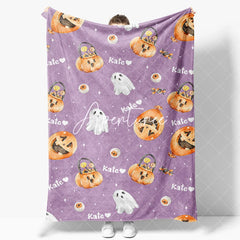 Aperturee - Custom Name Purple Pumpkins Ghost Halloween Blanket
