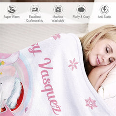 Aperturee - Custom Name Snowflake Pink First Christmas Blanket